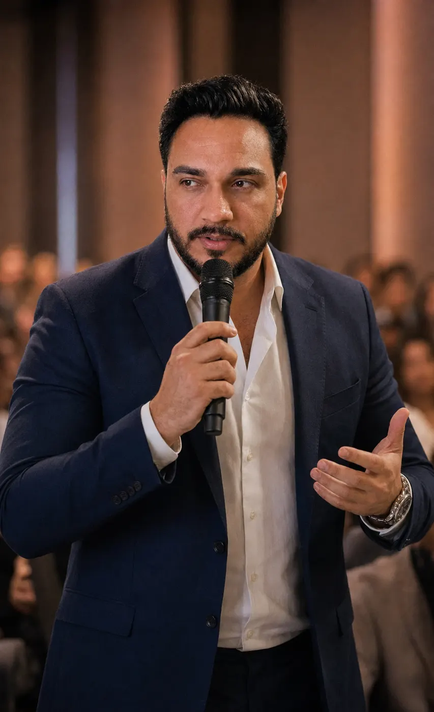 Leonardo Viana falando ao microfone para uma plateia.