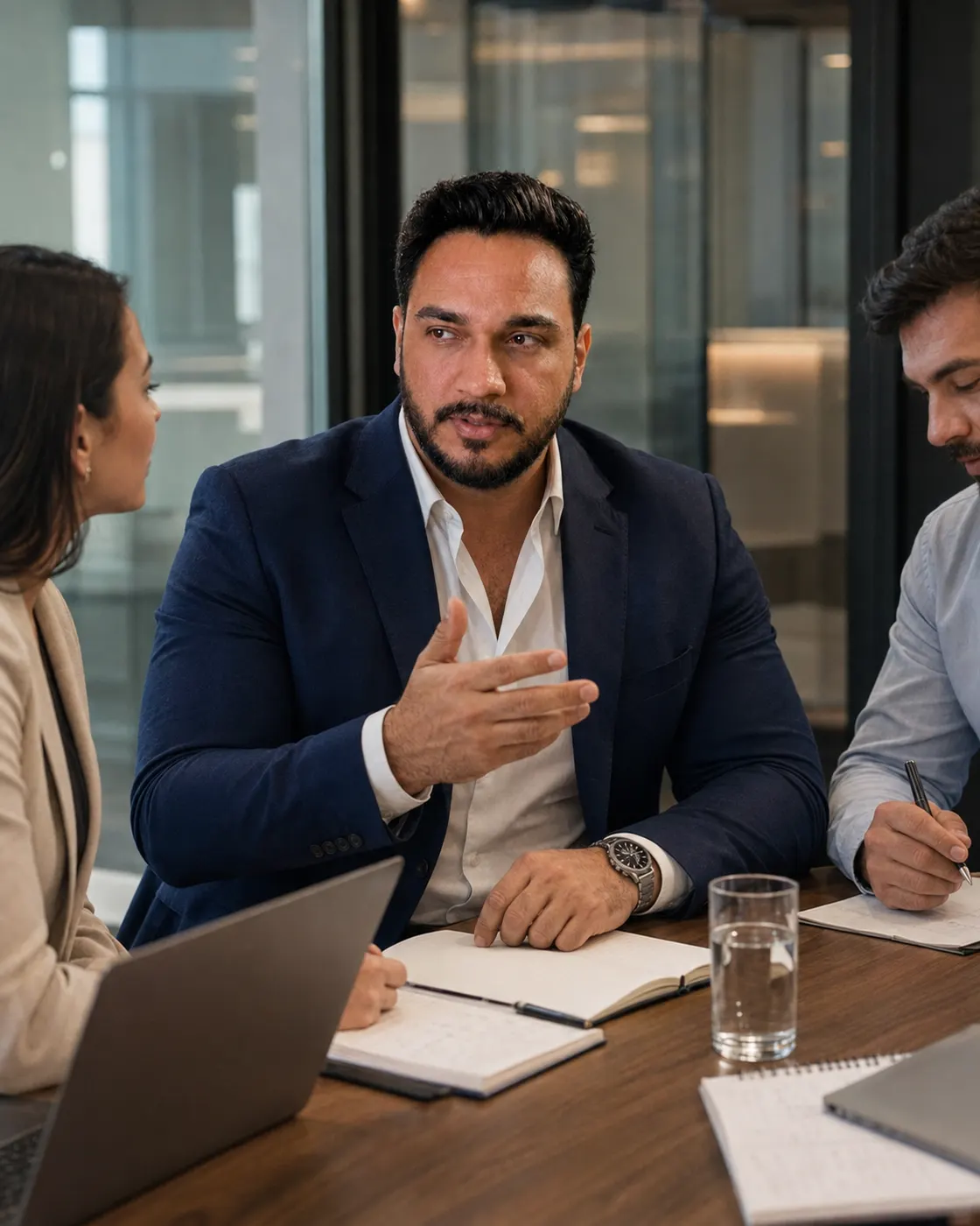 Leonardo Viana conversando com sócios de um restaurante em reunião de trabalho.
