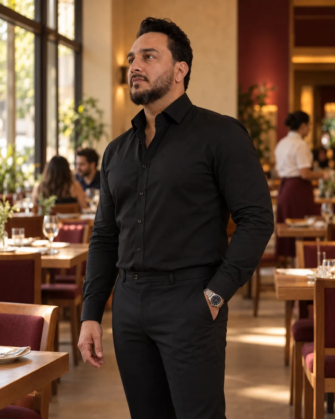 Leonardo Viana, fundador da Gestão Restaurante, de camisa preta, de pé no salão de um restaurante.