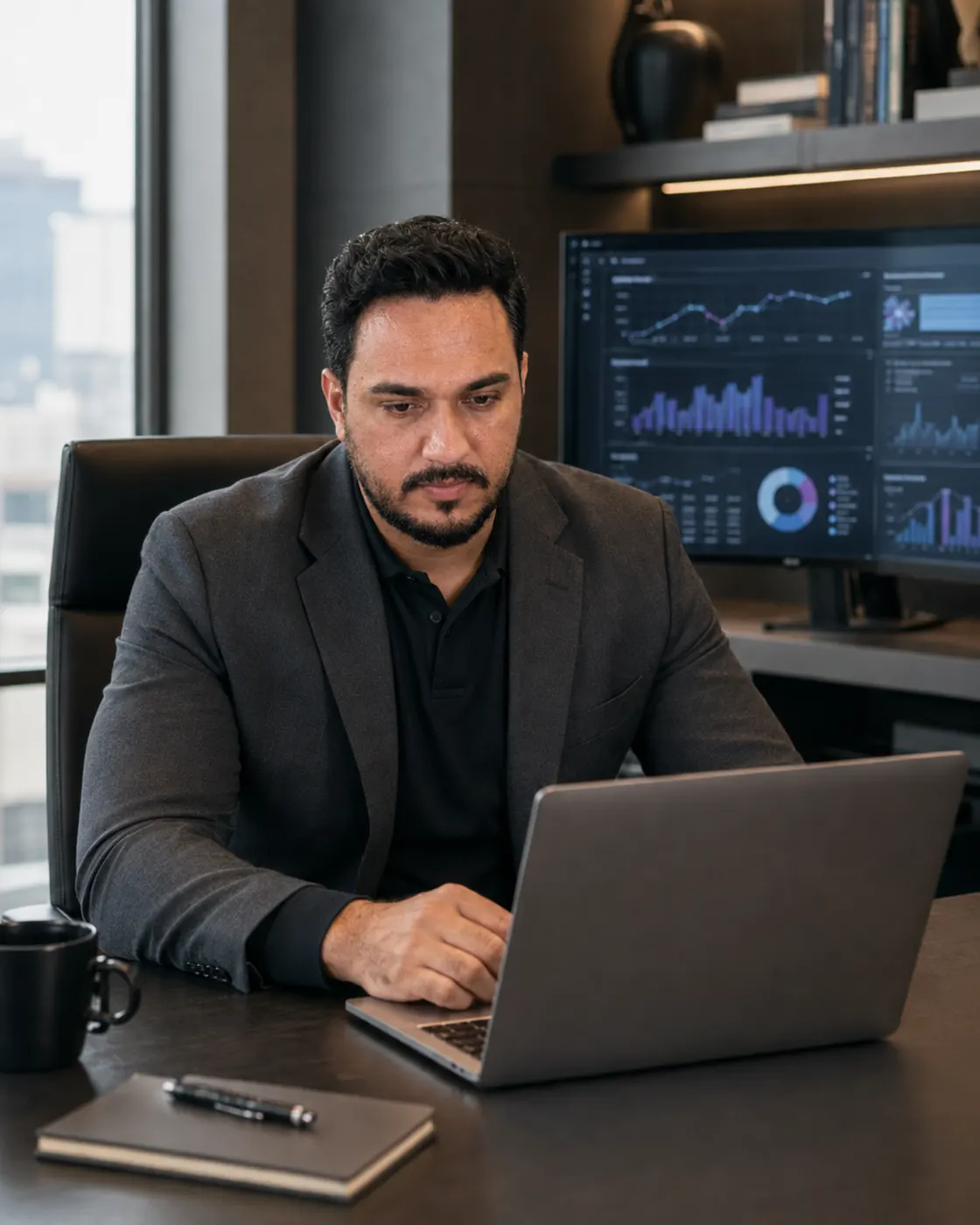 Leonardo Viana analisando os indicadores de um restaurante no computador.